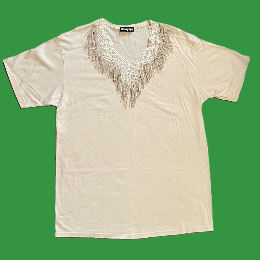 WOMENS T Shirt HANG UPS Size XL Western Fringe V Neck IVORY Short Sleeves  1096A
